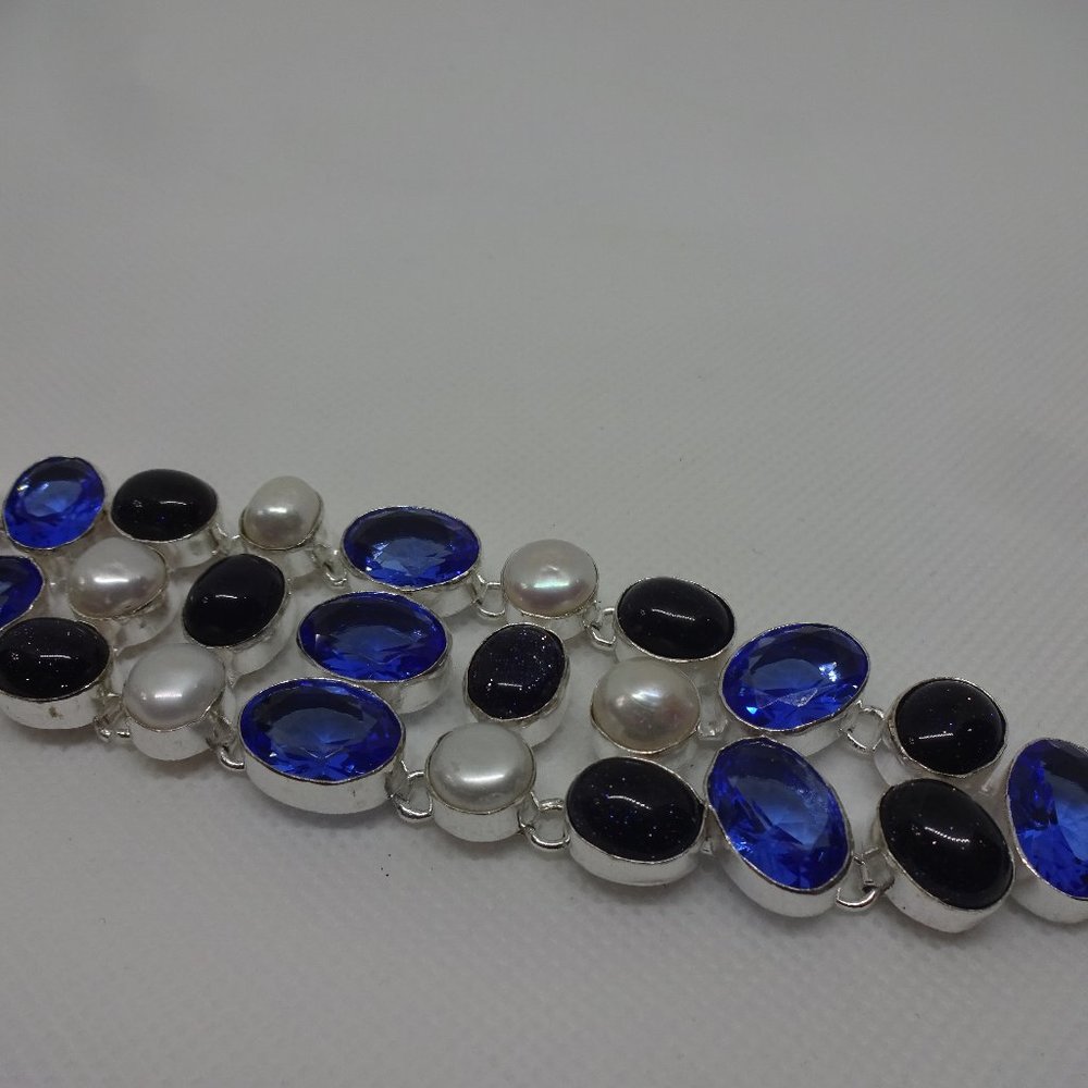 Stunning "SAPPHIRE, BLUE SUNSTONE & PEARL" Handmade Sterling Bracelet 7.5" #734